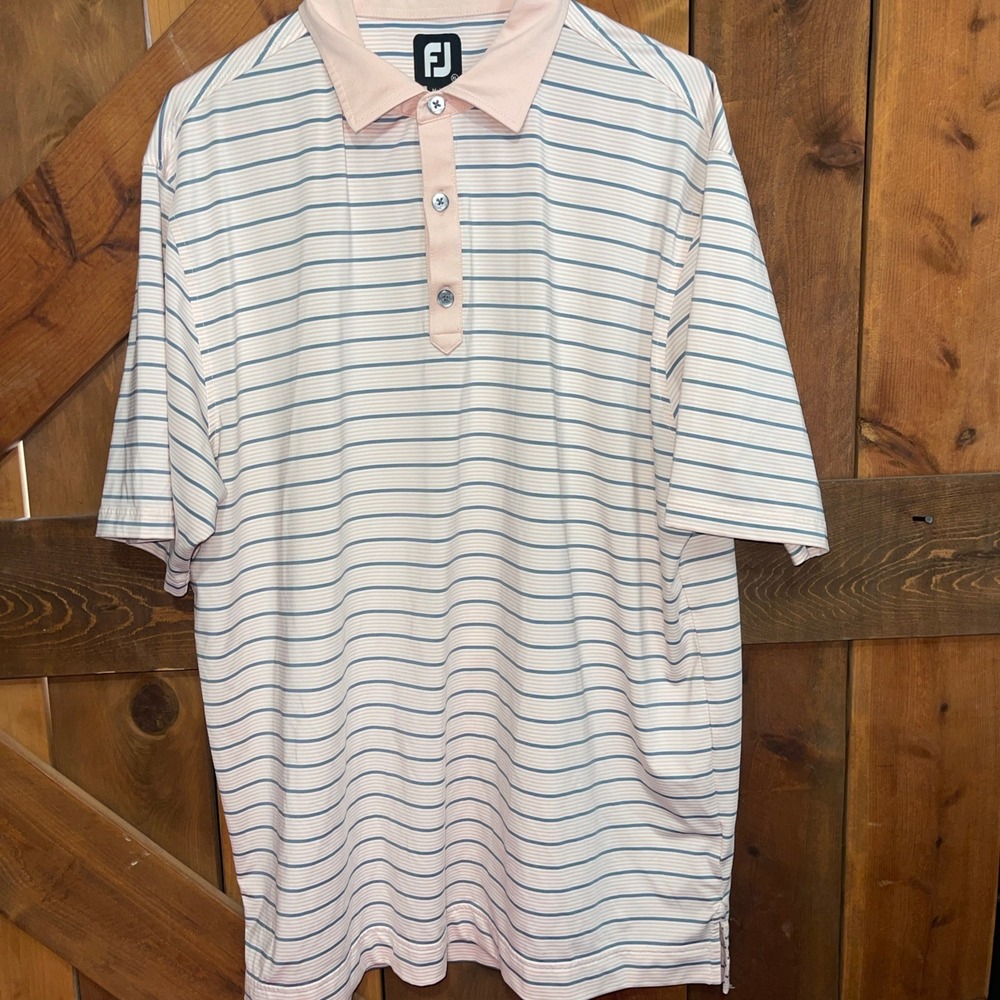Footjoy FJ Mens Golf Polo Shirt Pink Blue Stripe XL Short Sleeve Performance